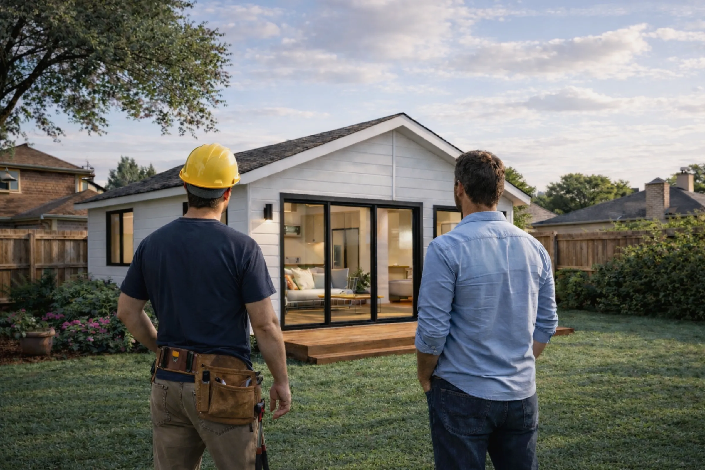 Homeowner consulting with ADU construction expert reviewing completed backyard ADU project in Dallas Texas