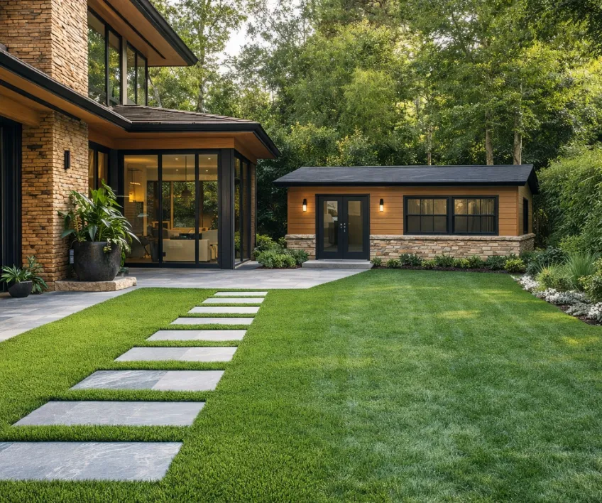 Backyard accessory dwelling unit behind a two story residential home in Dallas Texas