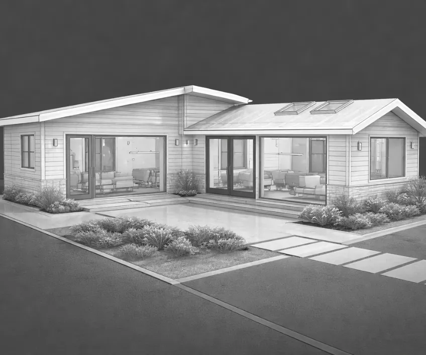 L-shaped modern ADU architectural design 3D model for backyard accessory dwelling unit in Dallas Texas