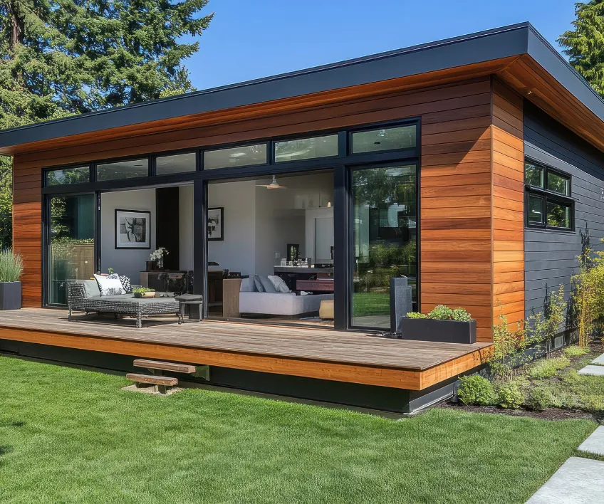 Modern backyard ADU with large glass doors and wooden exterior contemporary accessory dwelling unit