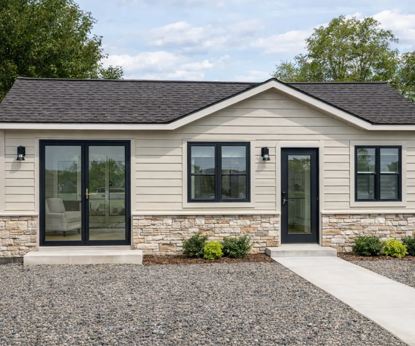 Modern backyard ADU construction behind a luxury home with landscaped yard in Dallas Texas