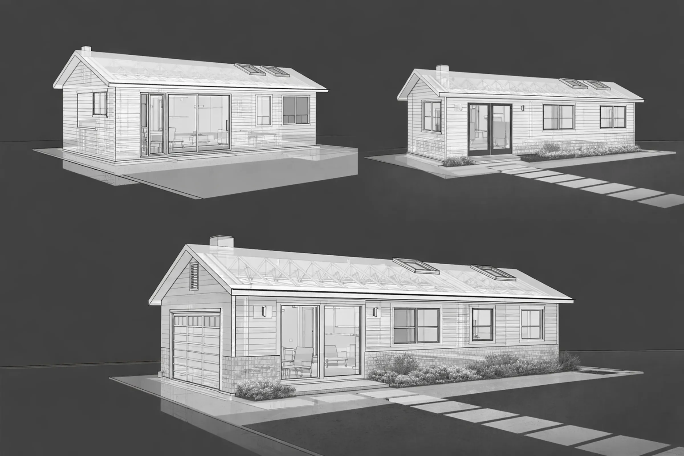 Multiple ADU architectural design concepts in 3D showing different accessory dwelling unit layouts for Dallas homes